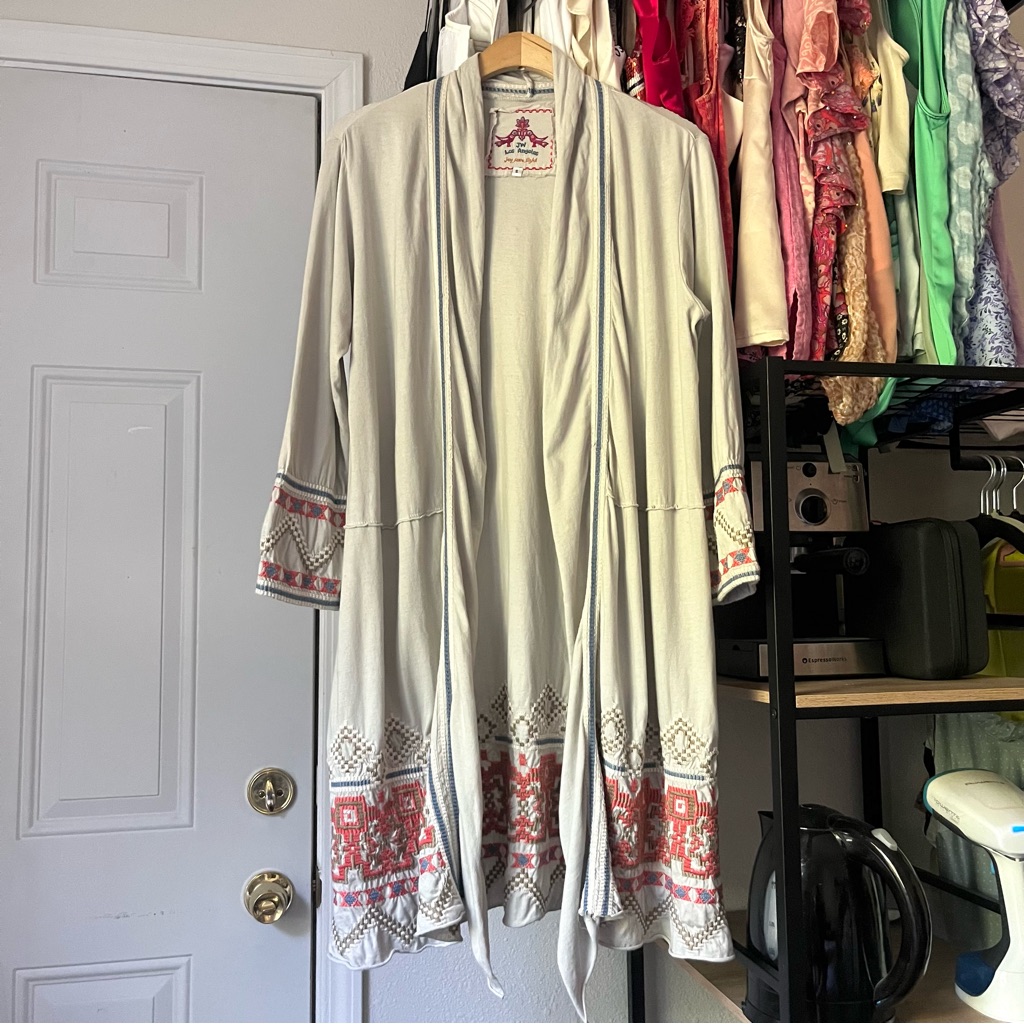 Johnny Was Cream Ivory Off White Geo Tribal Embroidered Buttonless Long Cardigan